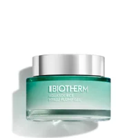 A 75ml jar of Biotherm Aquasource Hyalu Plump Gel, featuring a translucent green glass container and a silver screw-top lid, centered against a plain white background.