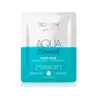 A single-use sachet of Biotherm Aqua Bounce Flash Mask, a hydrating sheet mask containing Life Plankton water and hyaluronic acid, presented in white and teal packaging.