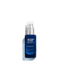 A rectangular, dark blue glass bottle of Biotherm Homme Force Supreme Blue Serum with a silver pump dispenser, standing upright against a plain white background.