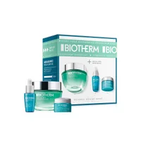 The Biotherm Aquasource Hyalu Plump Hydrating Routine Set includes a full-size gel moisturizer, a travel-size serum, and an eye cream, all packaged in a branded gift box.