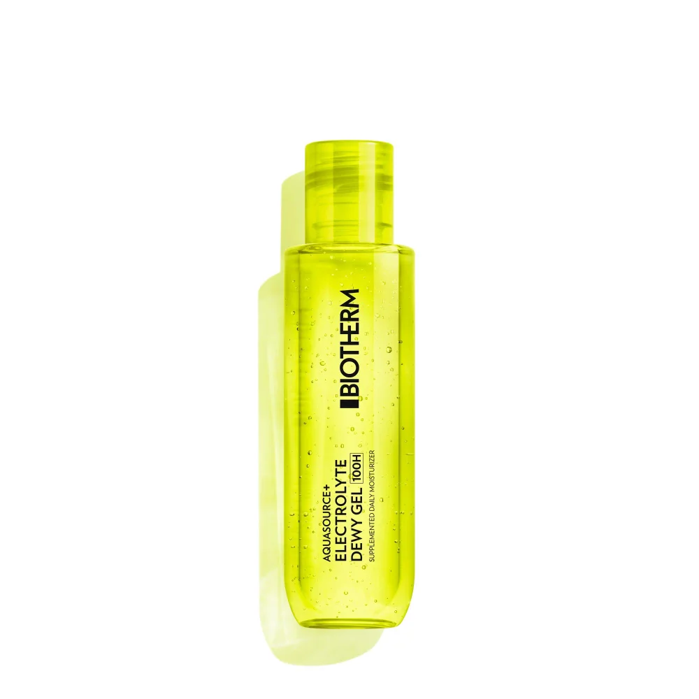 A bright yellow bottle of Biotherm AQS Electrolyte gel toner, 100ml size, with a matching cap, displayed against a white background.