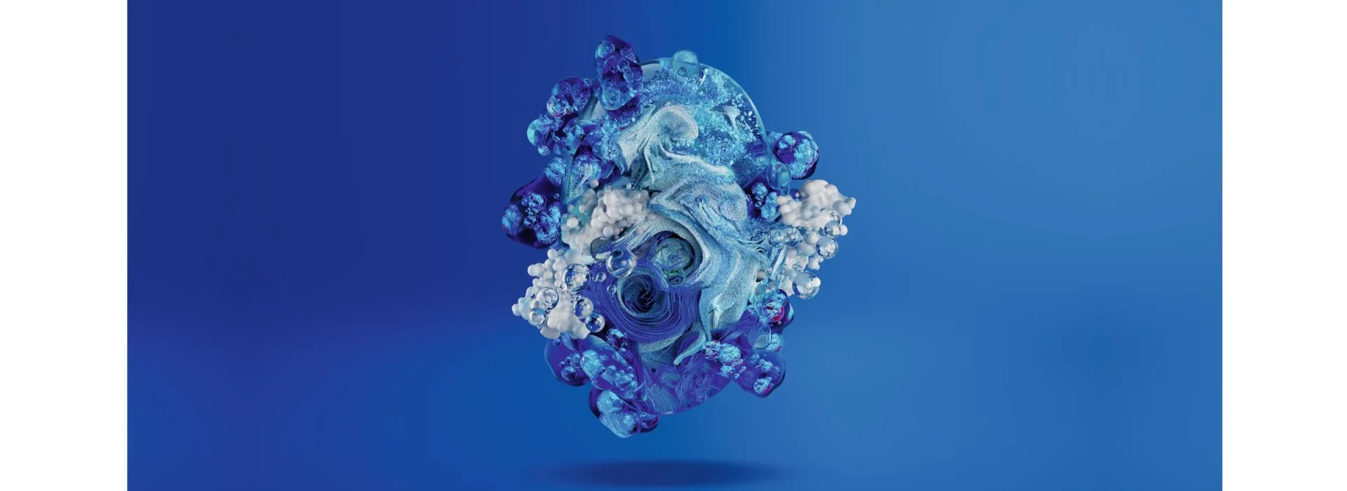 alt="3D digital rendering of an abstract blue molecular cluster floating against a deep blue background, visualising Biotherm's Blue Biotech science harnessing the power of nature."