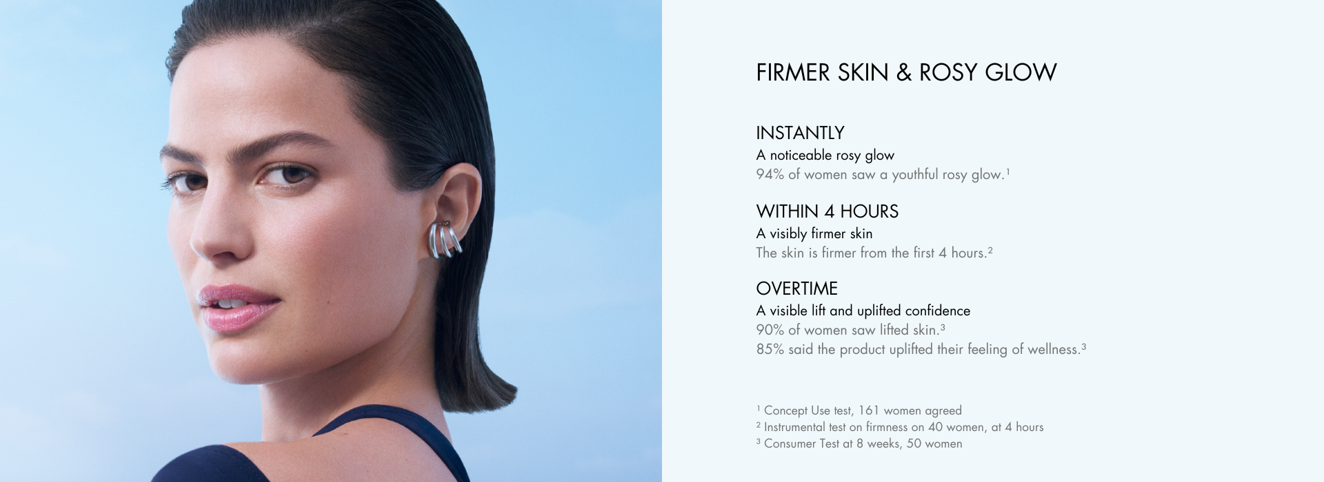 INSTANTLY A noticeable rosy glow 94% of women saw a youthful rosy glow.1 WITHIN 4 HOURS A visibly firmer skin The skin is firmer from the first 4 hours.2 OVERTIME A visible lift and uplifted confidence 90% of women saw lifted skin.3 85% said the product uplifted their feeling of wellness.3 ¹ Concept Use test, 161 women agreed ² Instrumental test on firmness on 40 women, at 4 hours ³ Consumer Test at 8 weeks, 50 women