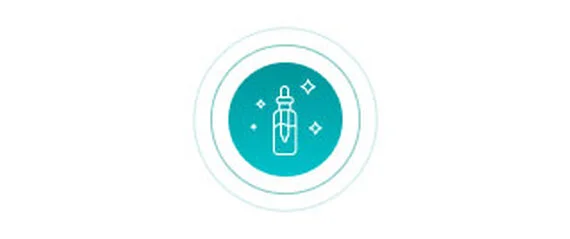 alt="Illustration of a dropper bottle with sparkles inside a teal circle, representing Biotherm's commitment to potent and efficacious natural ingredients."